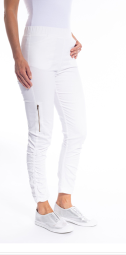 CAFE LATTE Gathered Side Pull-On Zip Pant - White