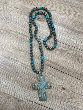 HARMONIE COLLECTIONS Bohemian Necklace with Wooden Beads, Large Turquoise and Gold Metal Cross