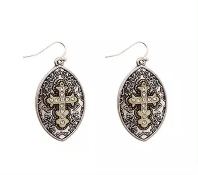 HARMONIE COLLECTIONS Silver Oval Earrings with Gold Cross & Diamantes