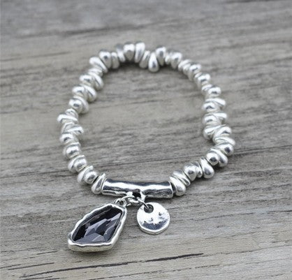 HARMONIE COLLECTIONS Silver Bead Bracelet with Smokey Grey Crystal