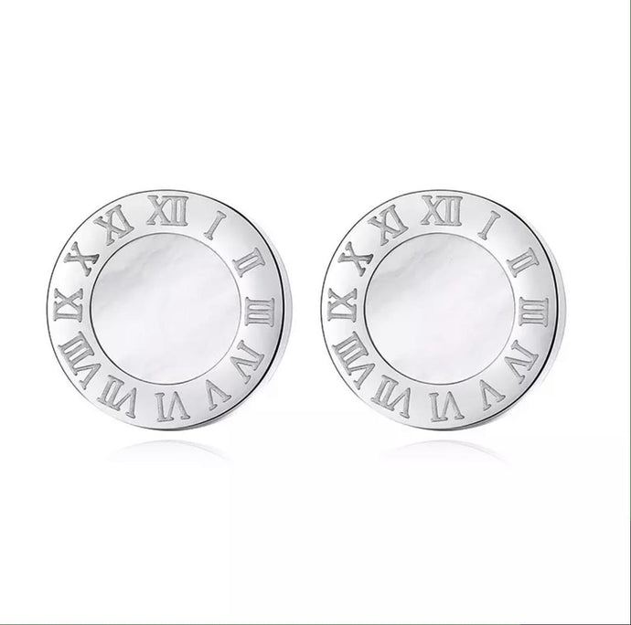 HARMONIE COLLECTIONS Silver Stud Earrings with White Centre and Roman Numerals