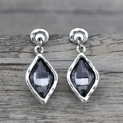 HARMONIE COLLECTIONS Silver Diamond Shape Smokey Grey Crystal Earrings